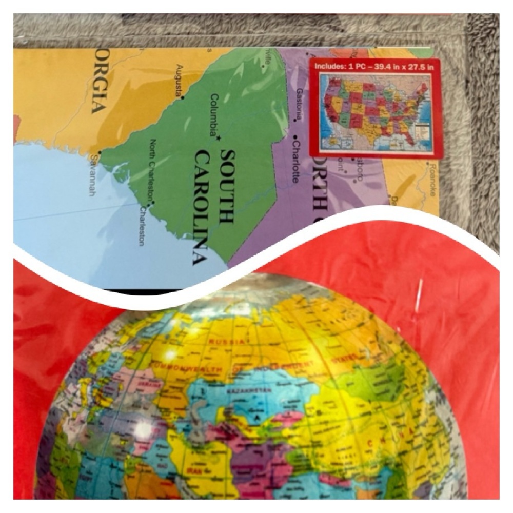 Colorful USA Map and World Globe Set. Geography. Classrooms. Teacher. Students.